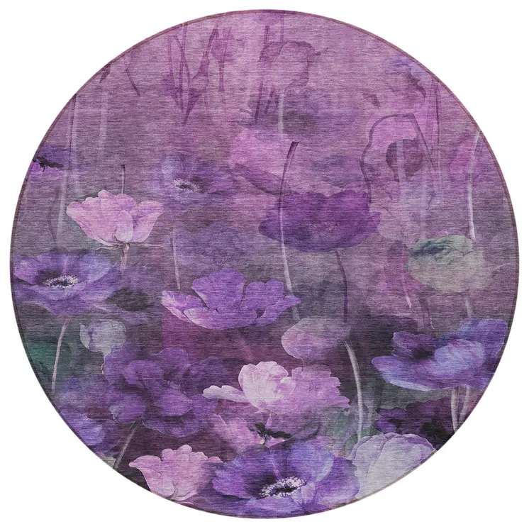 8' Purple Eggplant And Lavender Round Floral Washable Indoor Outdoor Area Rug