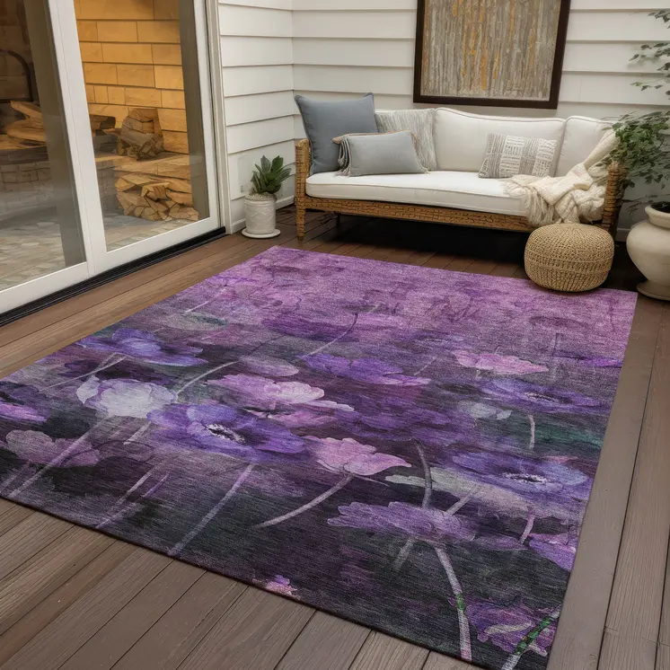 9' X 12' Purple Eggplant And Lavender Floral Washable Indoor Outdoor Area Rug
