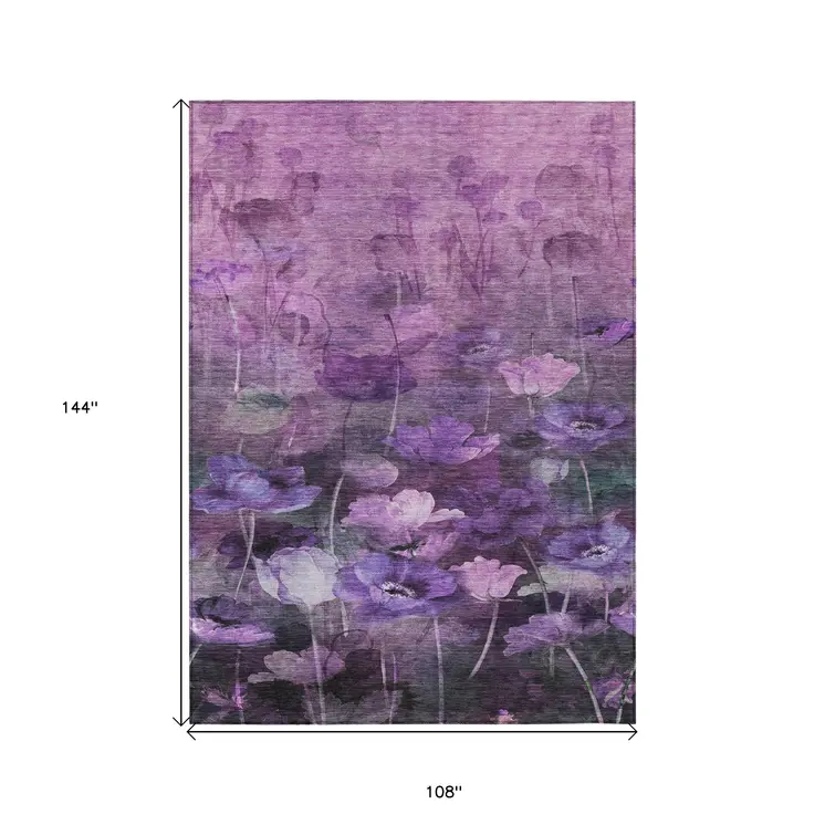 9' X 12' Purple Eggplant And Lavender Floral Washable Indoor Outdoor Area Rug