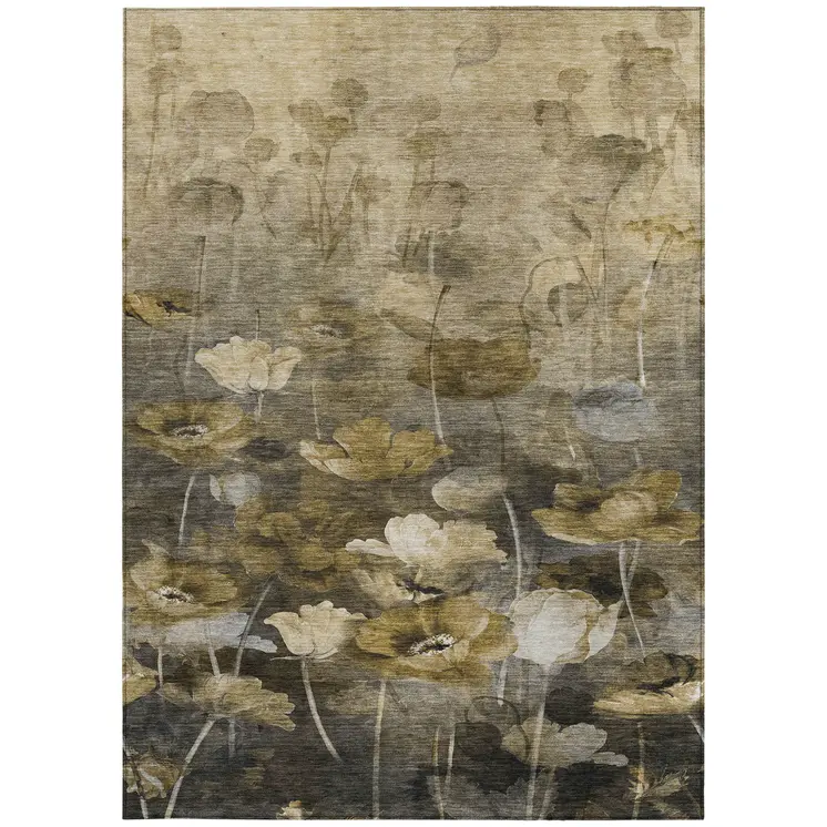3' X 5' Taupe Beige And Tan Floral Washable Indoor Outdoor Area Rug