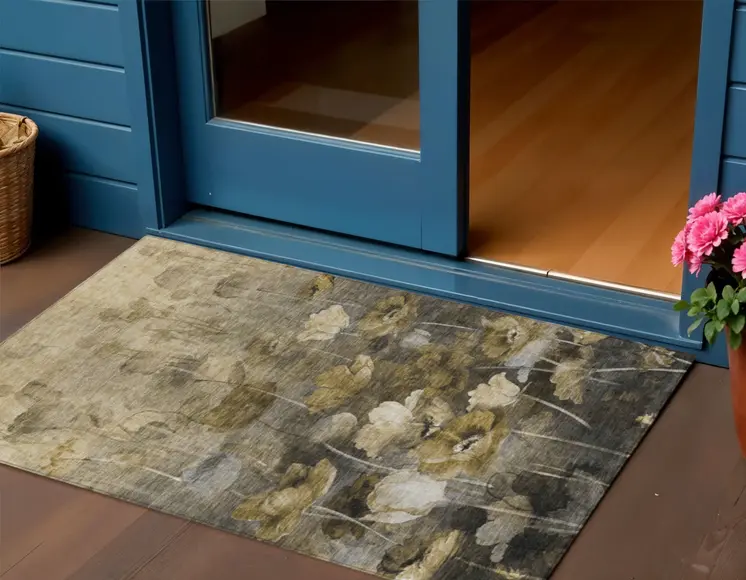 3' X 5' Taupe Beige And Tan Floral Washable Indoor Outdoor Area Rug
