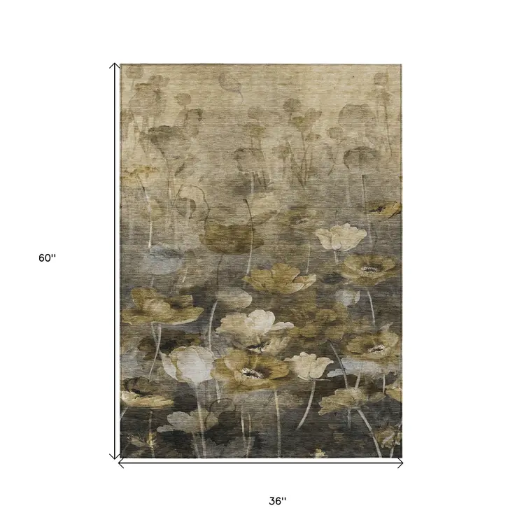 3' X 5' Taupe Beige And Tan Floral Washable Indoor Outdoor Area Rug