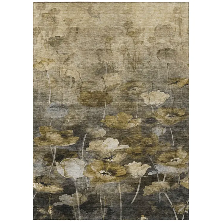5' X 8' Taupe Beige And Tan Floral Washable Indoor Outdoor Area Rug