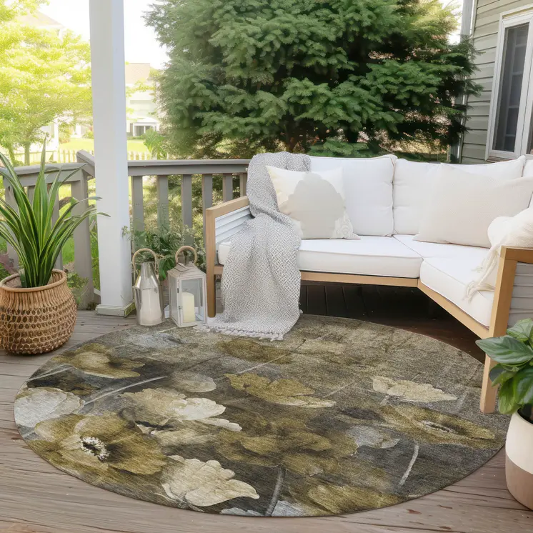 8' Taupe Beige And Tan Round Floral Washable Indoor Outdoor Area Rug