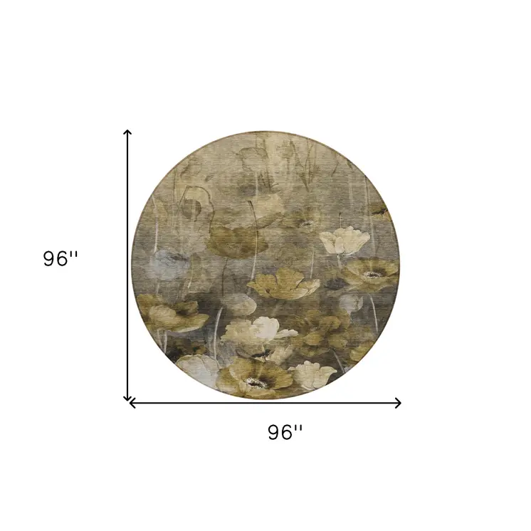 8' Taupe Beige And Tan Round Floral Washable Indoor Outdoor Area Rug