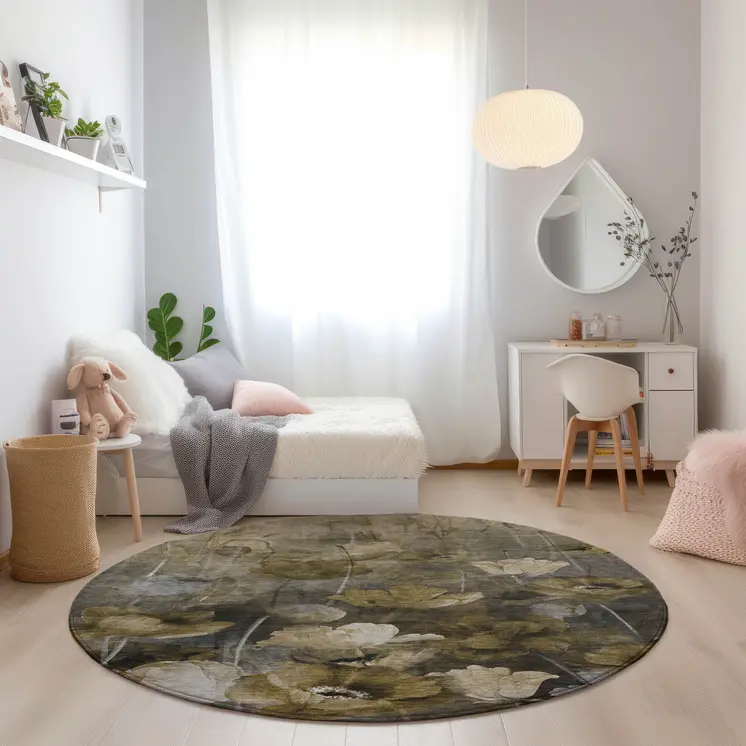 8' Taupe Beige And Tan Round Floral Washable Indoor Outdoor Area Rug