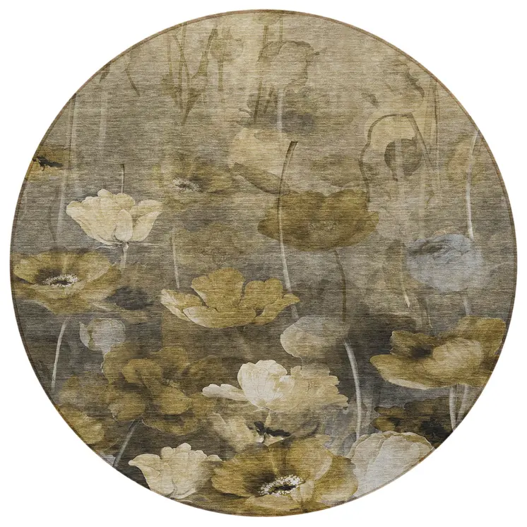 8' Taupe Beige And Tan Round Floral Washable Indoor Outdoor Area Rug
