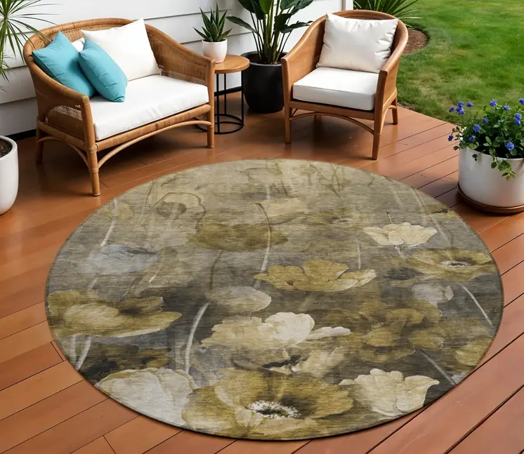 8' Taupe Beige And Tan Round Floral Washable Indoor Outdoor Area Rug