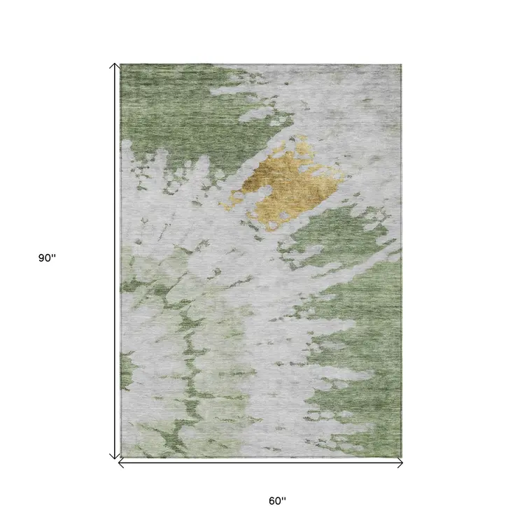 5' X 8' Artichoke Green And Olive Green Abstract Washable Indoor Outdoor Area Rug