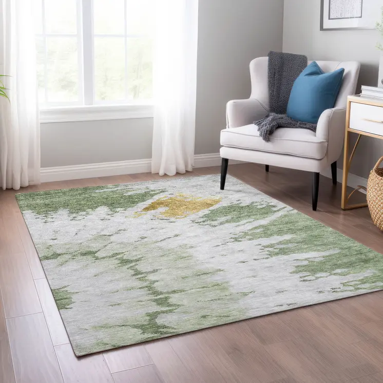 5' X 8' Artichoke Green And Olive Green Abstract Washable Indoor Outdoor Area Rug