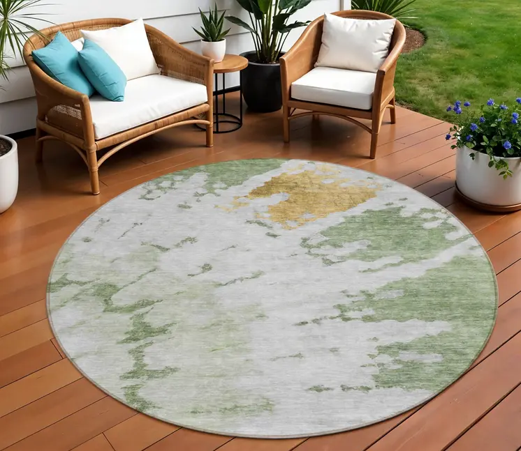 8' Artichoke Green And Olive Green Round Abstract Washable Indoor Outdoor Area Rug