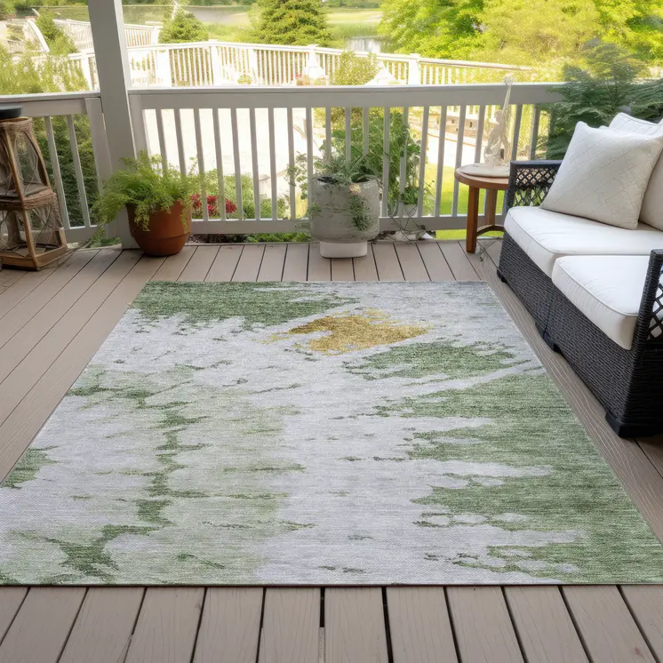 8' X 10' Artichoke Green And Olive Green Abstract Washable Indoor Outdoor Area Rug