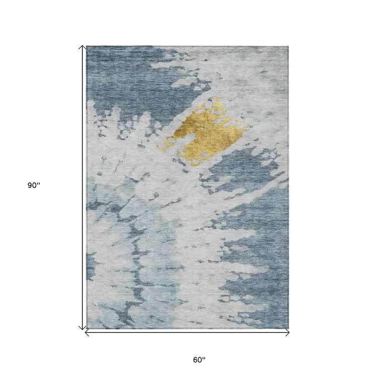 5' X 8' Denim Blue And Sky Blue Abstract Washable Indoor Outdoor Area Rug