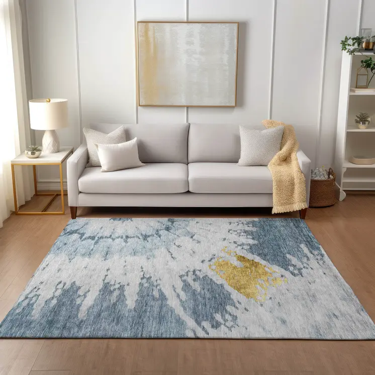 5' X 8' Denim Blue And Sky Blue Abstract Washable Indoor Outdoor Area Rug