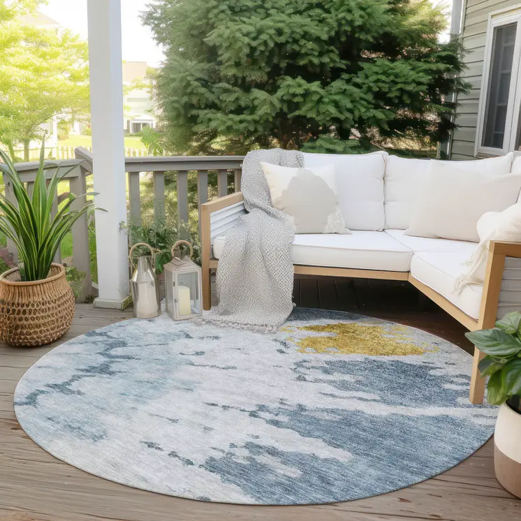 8' Denim Blue And Sky Blue Round Abstract Washable Indoor Outdoor Area Rug