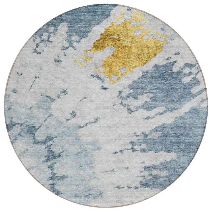 8' Denim Blue And Sky Blue Round Abstract Washable Indoor Outdoor Area Rug