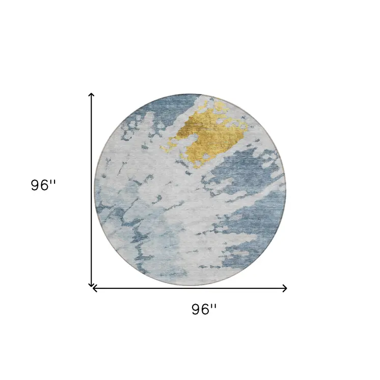 8' Denim Blue And Sky Blue Round Abstract Washable Indoor Outdoor Area Rug