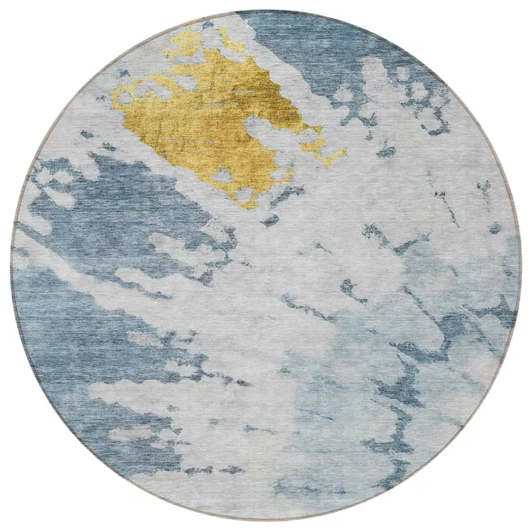 8' Denim Blue And Sky Blue Round Abstract Washable Indoor Outdoor Area Rug