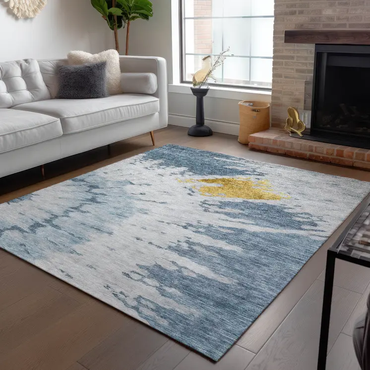 9' X 12' Denim Blue And Sky Blue Abstract Washable Indoor Outdoor Area Rug