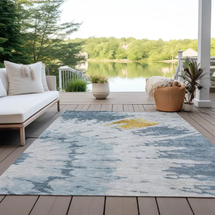 9' X 12' Denim Blue And Sky Blue Abstract Washable Indoor Outdoor Area Rug