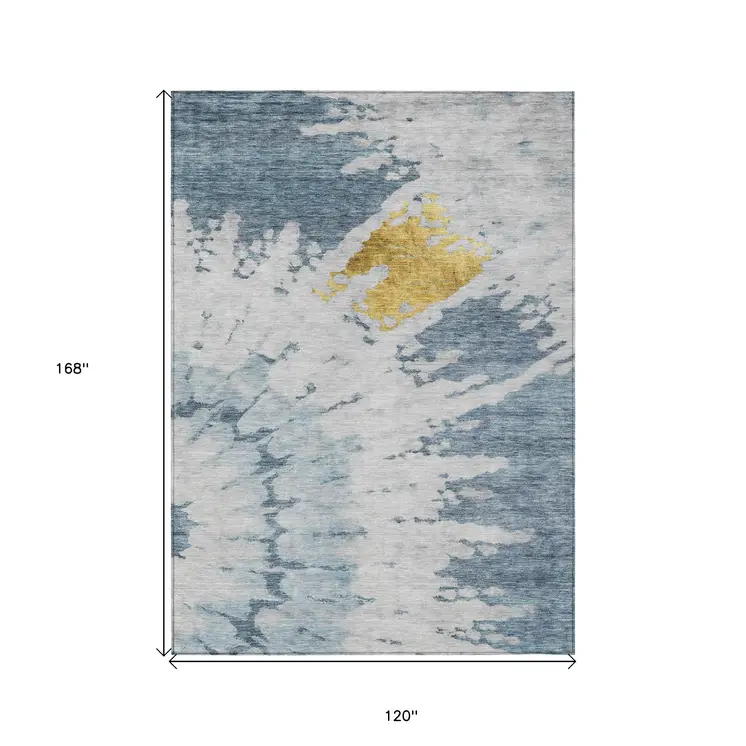 10' X 14' Denim Blue And Sky Blue Abstract Washable Indoor Outdoor Area Rug