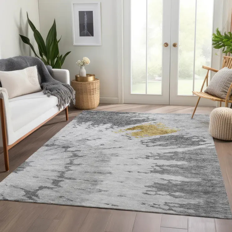 5' X 8' Gray Silver And Charcoal Abstract Washable Indoor Outdoor Area Rug
