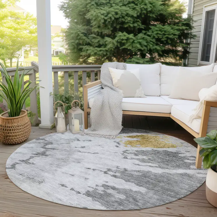 8' Gray Silver And Charcoal Round Abstract Washable Indoor Outdoor Area Rug