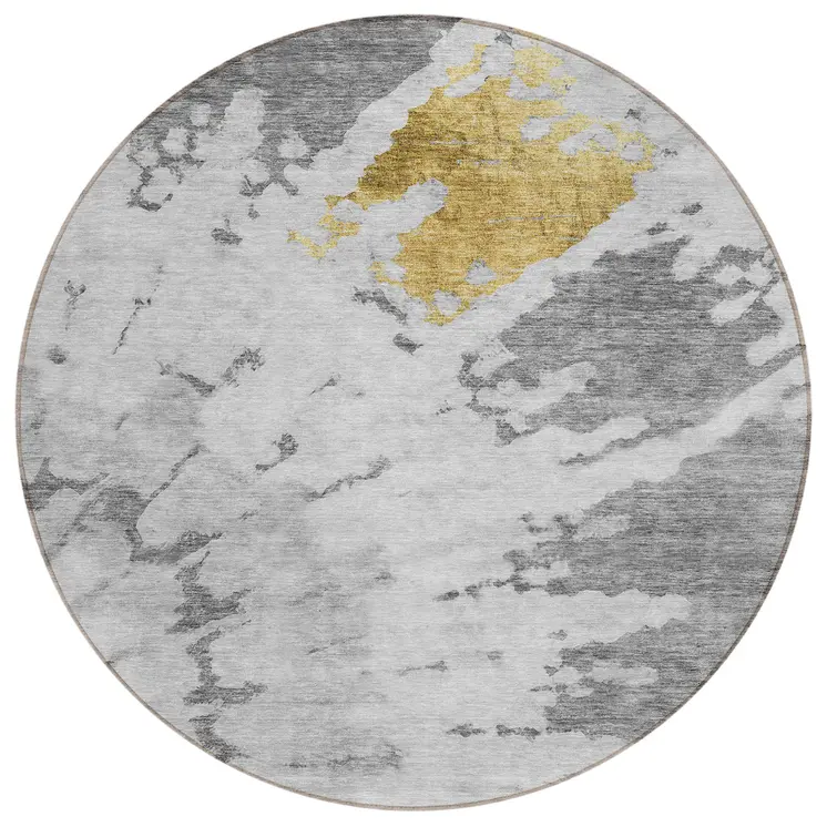 8' Gray Silver And Charcoal Round Abstract Washable Indoor Outdoor Area Rug