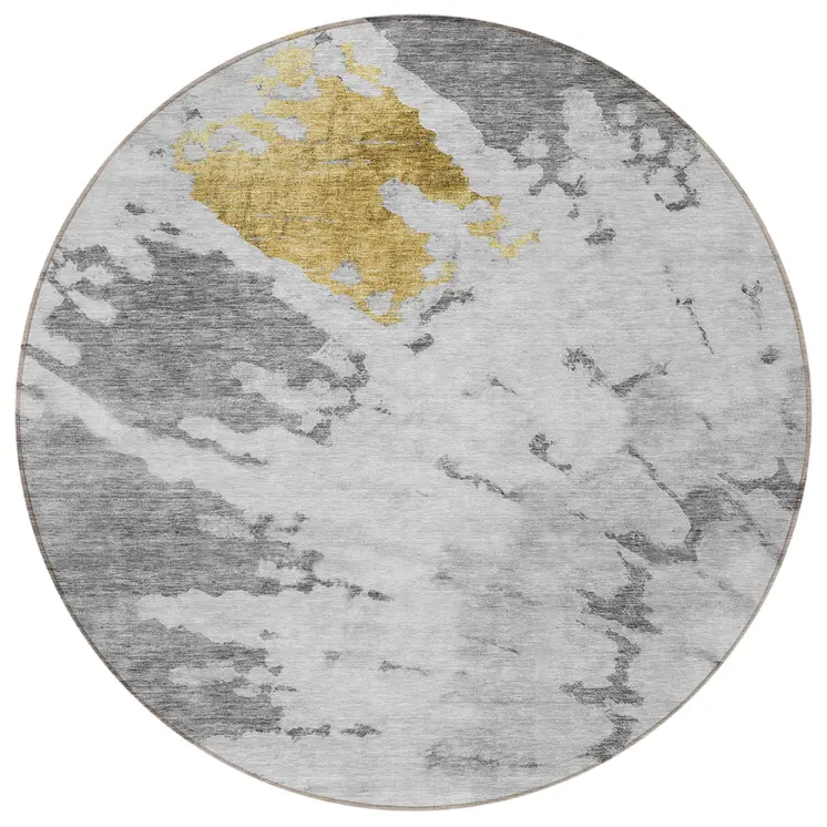 8' Gray Silver And Charcoal Round Abstract Washable Indoor Outdoor Area Rug