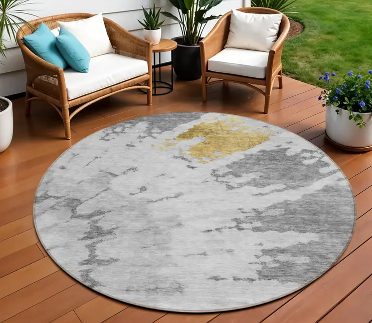 8' Gray Silver And Charcoal Round Abstract Washable Indoor Outdoor Area Rug