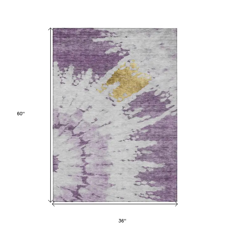 3' X 5' Purple And Lavender Abstract Washable Indoor Outdoor Area Rug