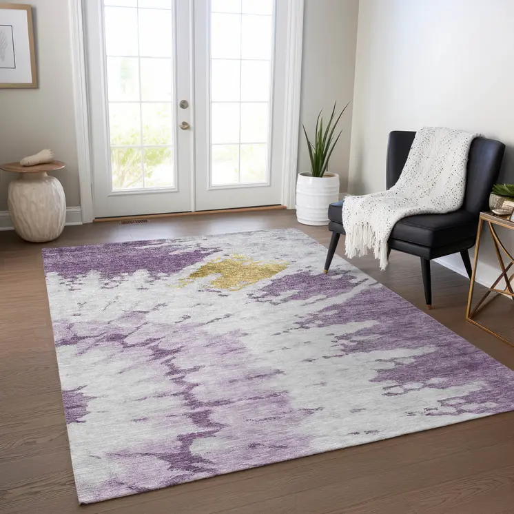 3' X 5' Purple And Lavender Abstract Washable Indoor Outdoor Area Rug