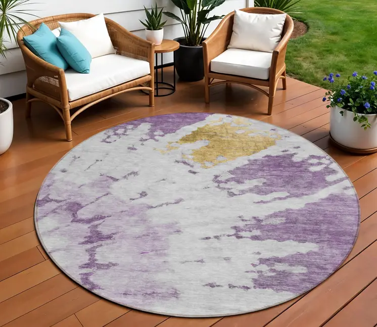 8' Purple And Lavender Round Abstract Washable Indoor Outdoor Area Rug