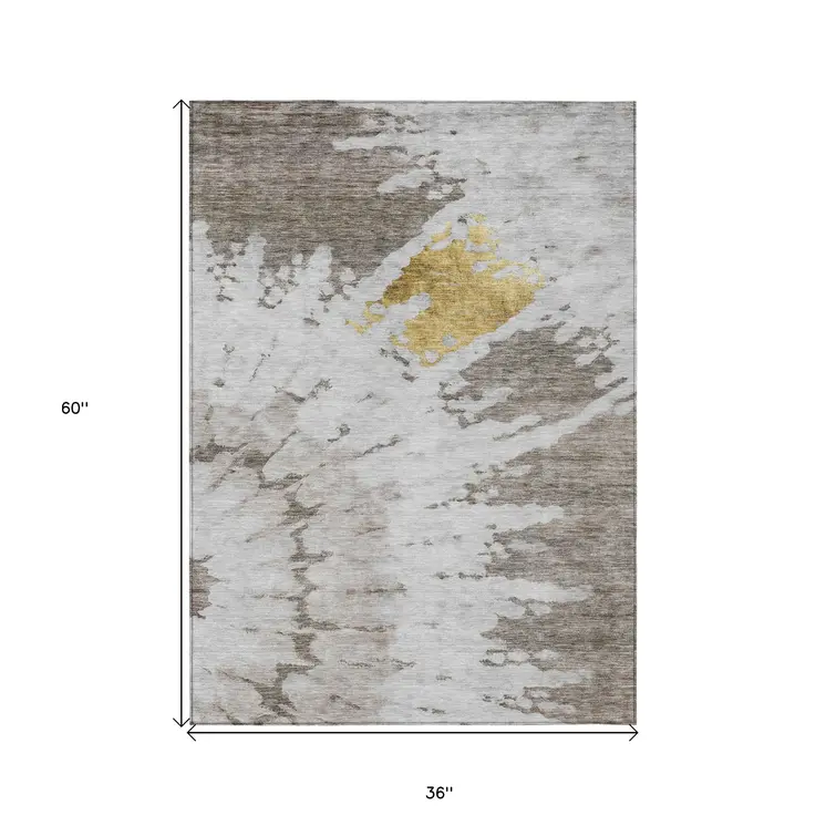 3' X 5' Taupe Khaki And Ivory Abstract Washable Indoor Outdoor Area Rug
