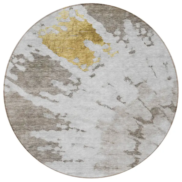 8' Taupe Khaki And Ivory Round Abstract Washable Indoor Outdoor Area Rug