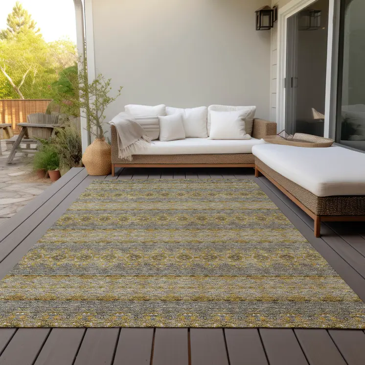 3' X 5' Gold Gray And Silver Floral Medallion Washable Indoor Outdoor Area Rug