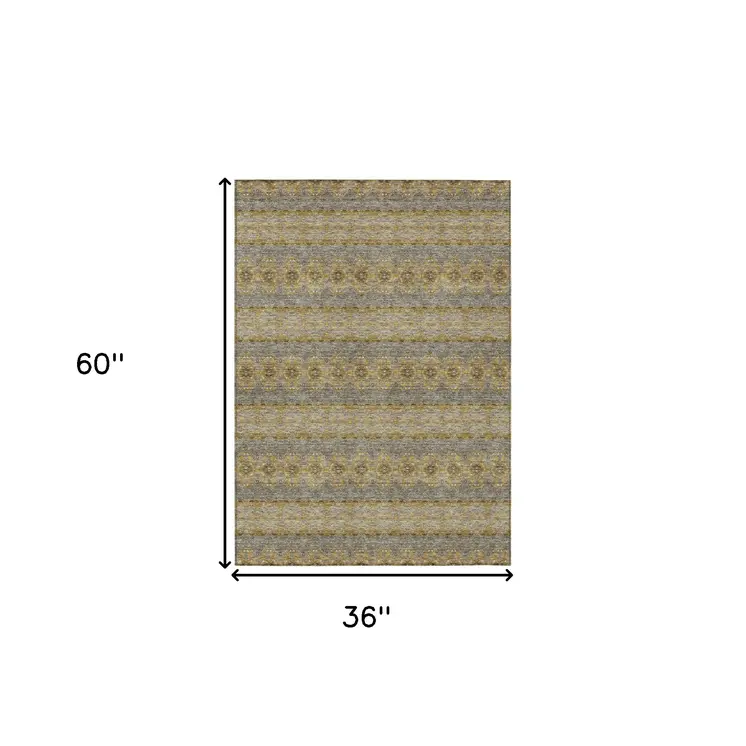 3' X 5' Gold Gray And Silver Floral Medallion Washable Indoor Outdoor Area Rug