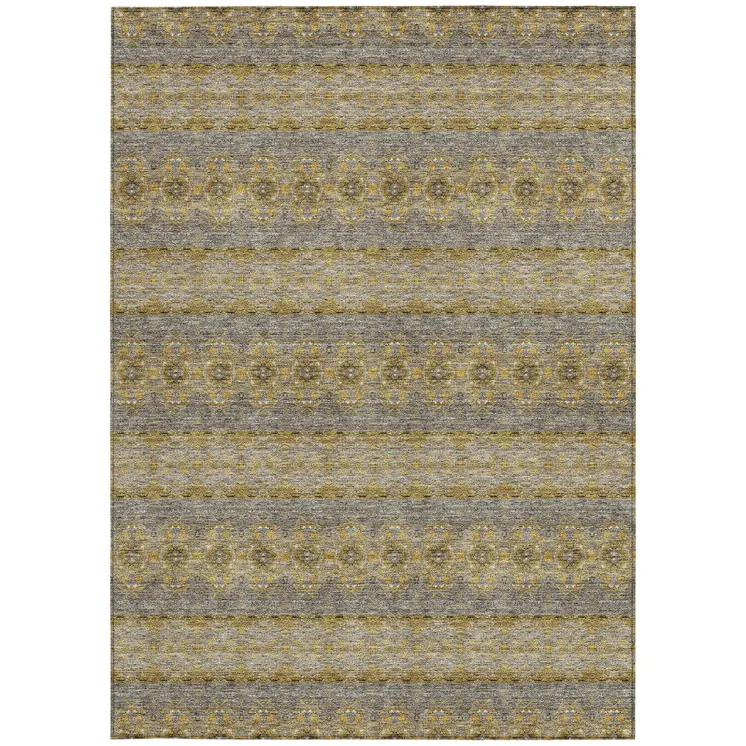 5' X 8' Gold Gray And Silver Floral Medallion Washable Indoor Outdoor Area Rug