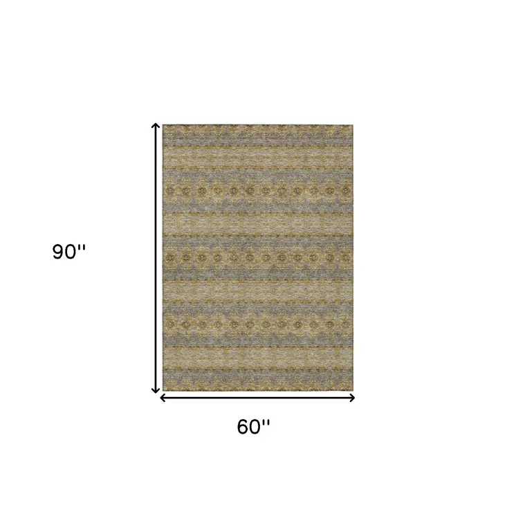 5' X 8' Gold Gray And Silver Floral Medallion Washable Indoor Outdoor Area Rug