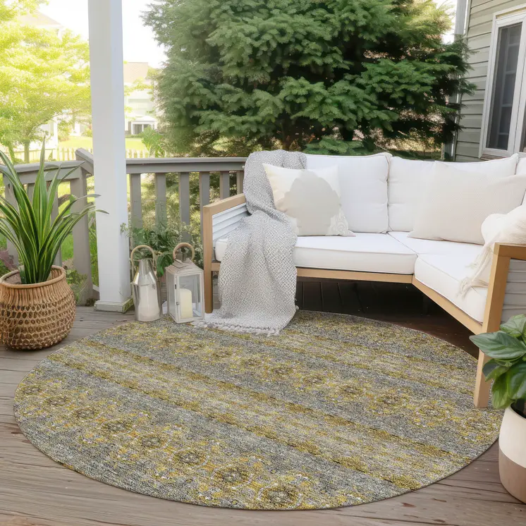 8' Gold Gray And Silver Round Floral Medallion Washable Indoor Outdoor Area Rug