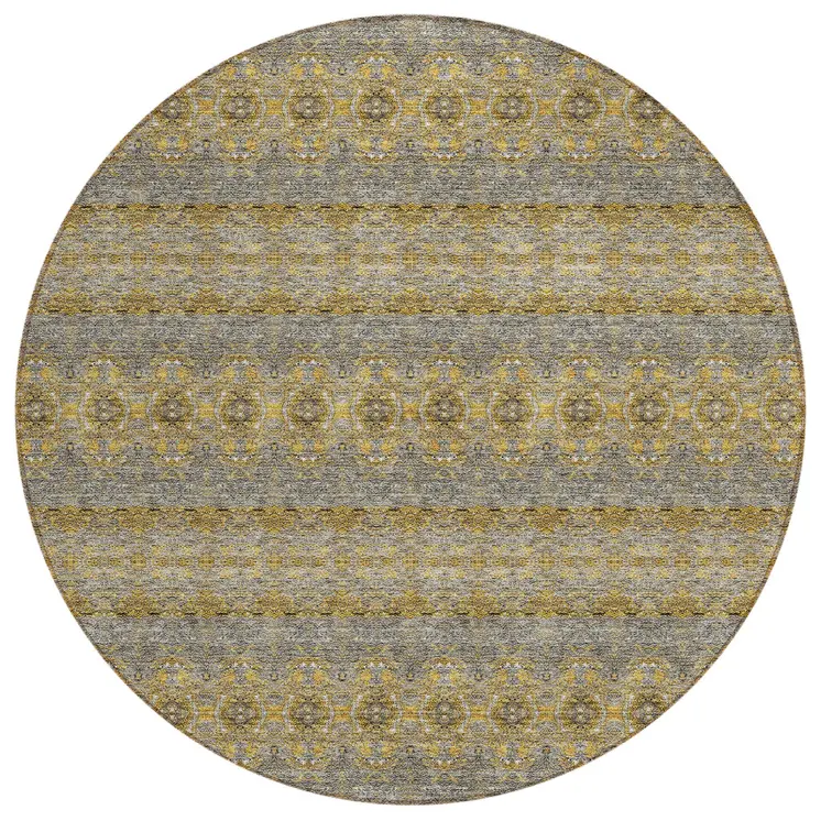 8' Gold Gray And Silver Round Floral Medallion Washable Indoor Outdoor Area Rug
