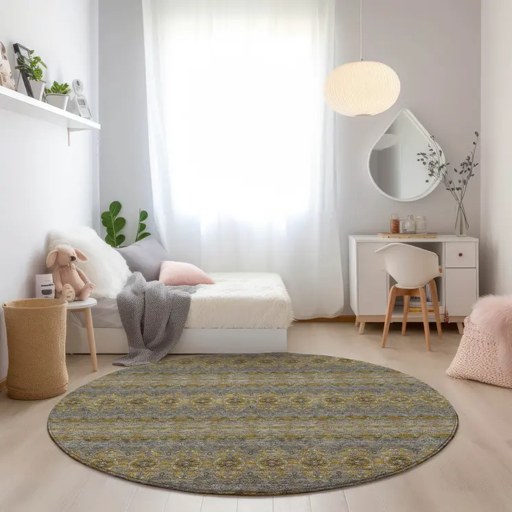 8' Gold Gray And Silver Round Floral Medallion Washable Indoor Outdoor Area Rug