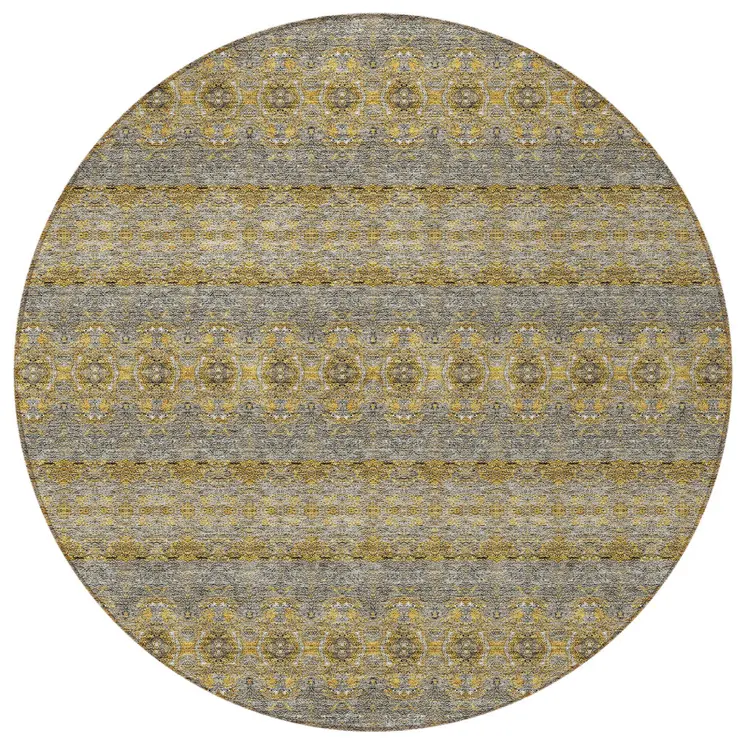 8' Gold Gray And Silver Round Floral Medallion Washable Indoor Outdoor Area Rug