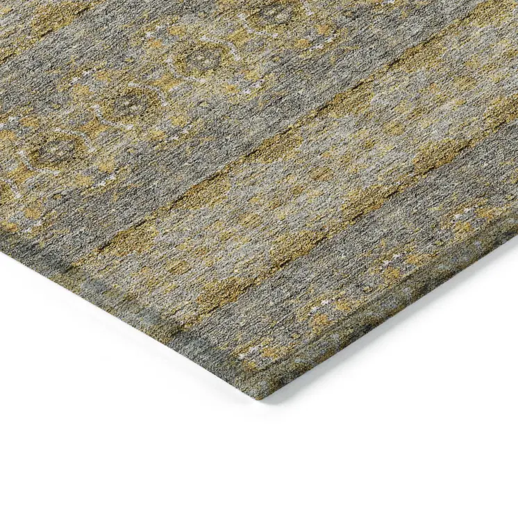 8' X 10' Gold Gray And Silver Floral Medallion Washable Indoor Outdoor Area Rug