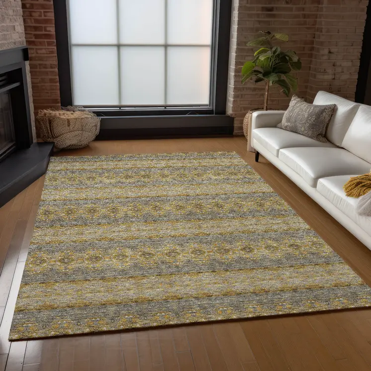 8' X 10' Gold Gray And Silver Floral Medallion Washable Indoor Outdoor Area Rug