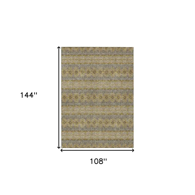 9' X 12' Gold Gray And Silver Floral Medallion Washable Indoor Outdoor Area Rug