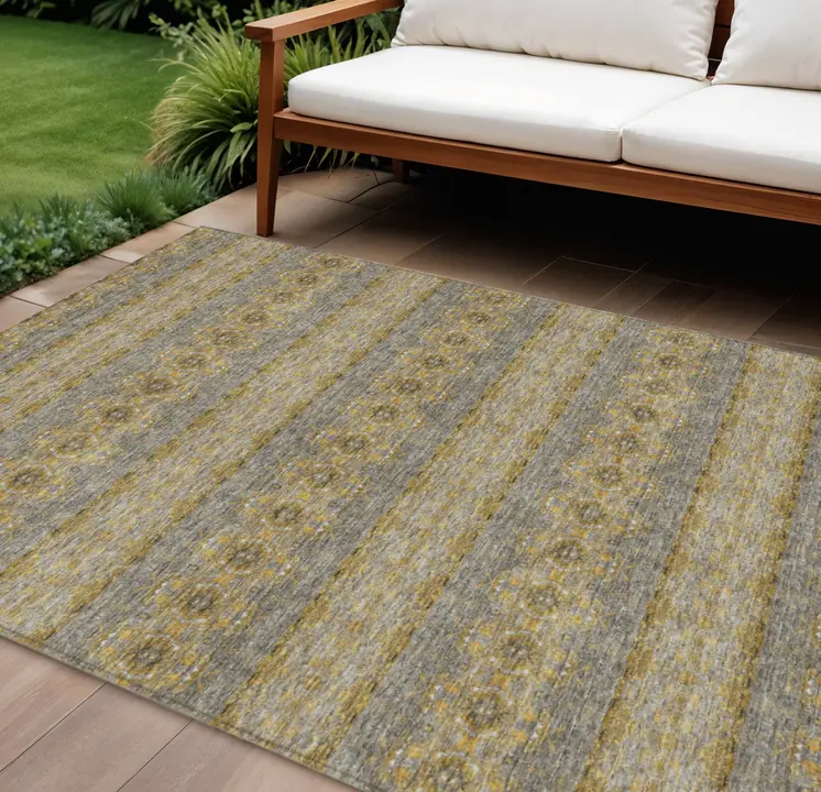 10' X 14' Gold Gray And Silver Floral Medallion Washable Indoor Outdoor Area Rug