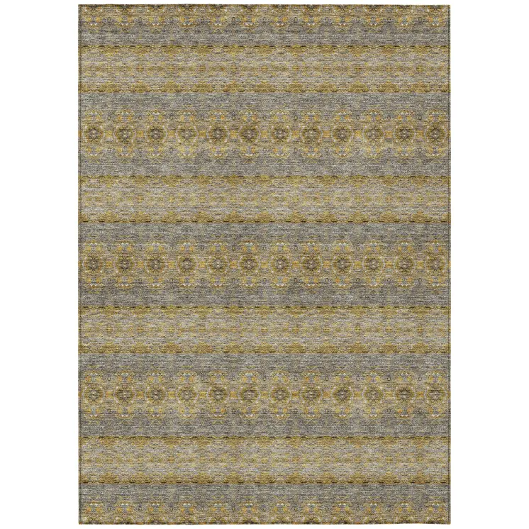 10' X 14' Gold Gray And Silver Floral Medallion Washable Indoor Outdoor Area Rug