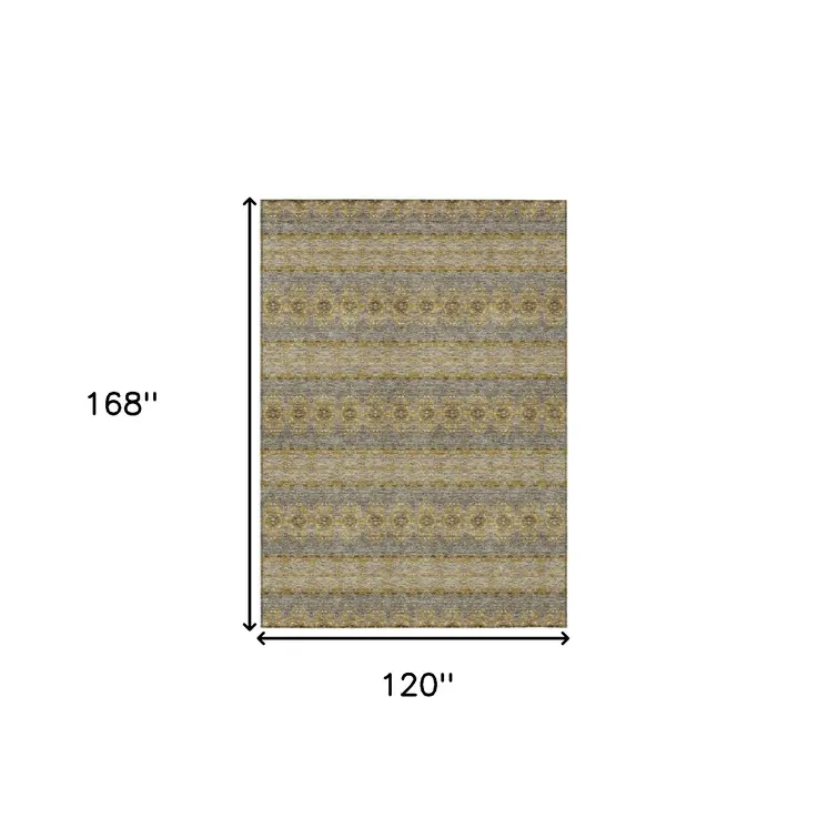 10' X 14' Gold Gray And Silver Floral Medallion Washable Indoor Outdoor Area Rug