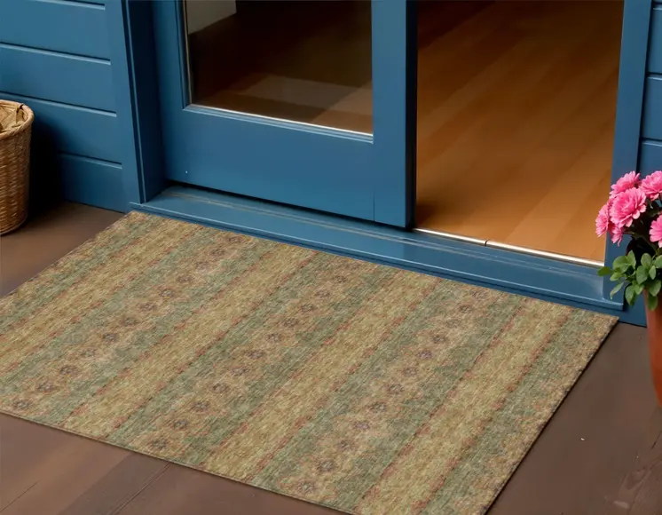 3' X 5' Artichoke Green And Olive Green Floral Medallion Washable Indoor Outdoor Area Rug